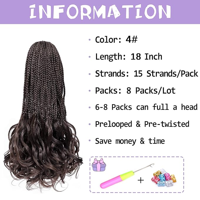 French Curly Braiding Hair Prelooped 18 Inch Dark Brown Crochet Hair for Women 8 Packs Soft Crochet Braids with Curly Ends Synthetic Hair Extension 4#
