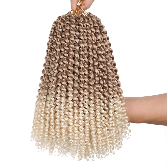 Leeven 7 Packs 12 Inch Passion Twist Hair Ombre Blonde Water Wave Crochet Braids for Passion Twist Crochet Braiding Hair Short Bob Distressed Butterfly Locs Hair Extensions T27/613#