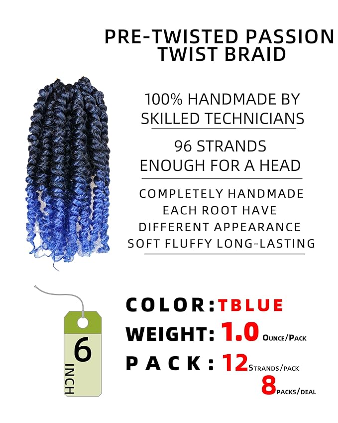 Pre Looped Pretwisted 6 Inches 8 Packs Passion Twist Crochet Hair for Black Women and Kids-Omber Blue,Soft Lightweight Hair Extension(6"-8 Packs,T1B/Blue)