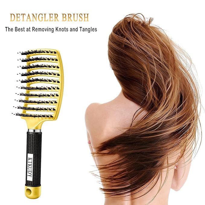 KTKUDY Detangling Brush Boar Bristles Hairbrush Make Hair Shiny & Healthier Curved and Vented Detangler Brush for Women Men Kids Wet and Dry Hair (Yellow)