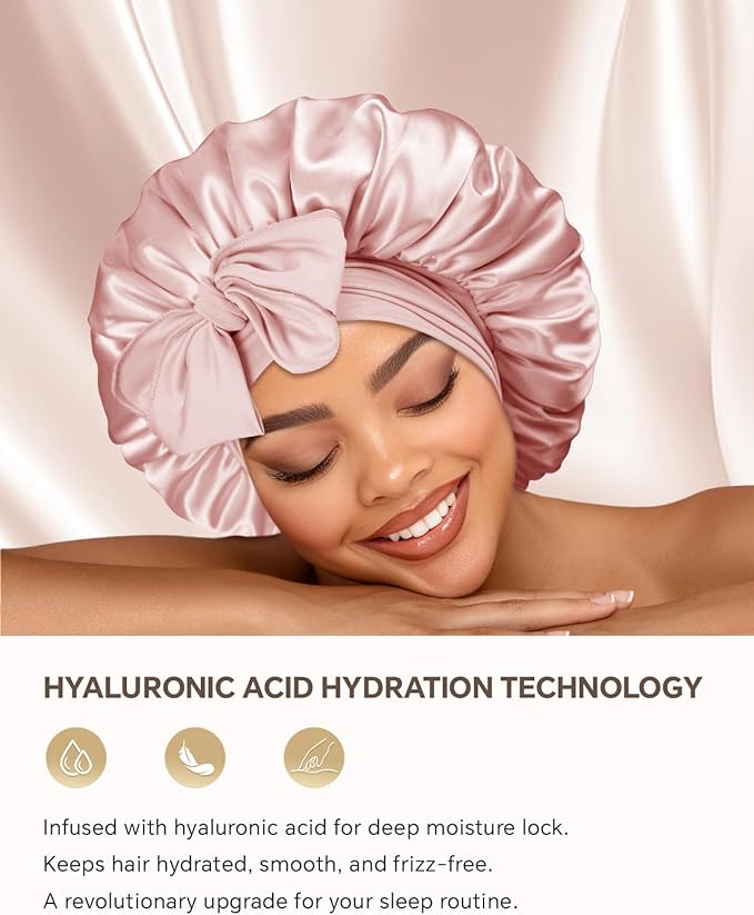 Silk Bonnet for Sleeping Women Double Layer Hyaluronic Acid Satin Bonnet with Adjustable Tie Band Sleep Cap for Curly Hair