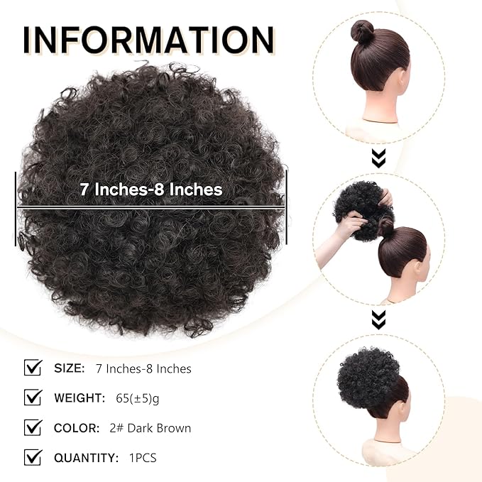 AISI QUEENS Afro Puff Drawstring Ponytail for Black Women Curly Hair Ponytail Extension, Black Brown Afro Bun Ponytail Clip on Hair Extensions for Black Women(2#)