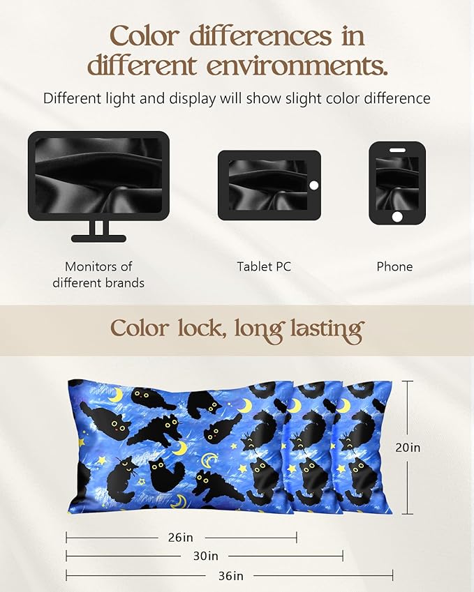 Silk Pillowcase 2 Pack - Cute Pillow Cases 20" x 26" Standard Size Set of 2 for Hair and Skin Smooth Soft Breathable with Hidden Zipper Cooling Pillow Covers for Sleeping, Blue Moon Cat