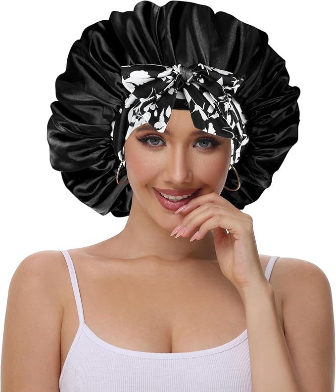 Double Layer Silk Bonnet with Tie Satin Lined Sleep Cap Hair Cover for Women's Curly Natural Hair