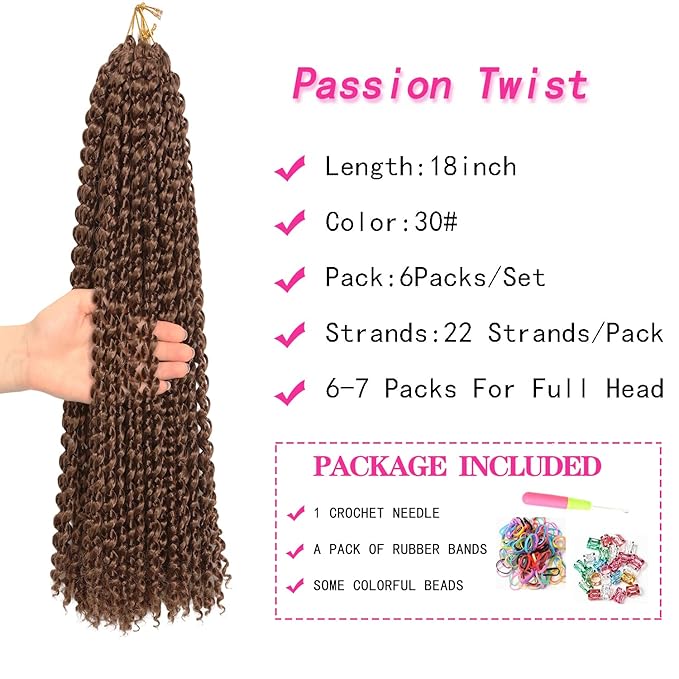 Ubeleco 18 Inch Passion Twist Hair, Water Wave Crochet Hair Darker Brown Passion Twist Crochet Hair for Women 6 Packs Long Bohemian Synthetic Curly Braiding Hair Extensions(6pcs,#30)