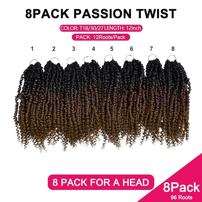 NAYOO Passion Twist Hair - 8 Packs 12 Inch Passion Twist Crochet Hair For Women, Crochet Pretwisted Curly Hair Passion Twists Synthetic Braiding Hair Extensions(12 Inch 8 Packs, T1B/30/27)