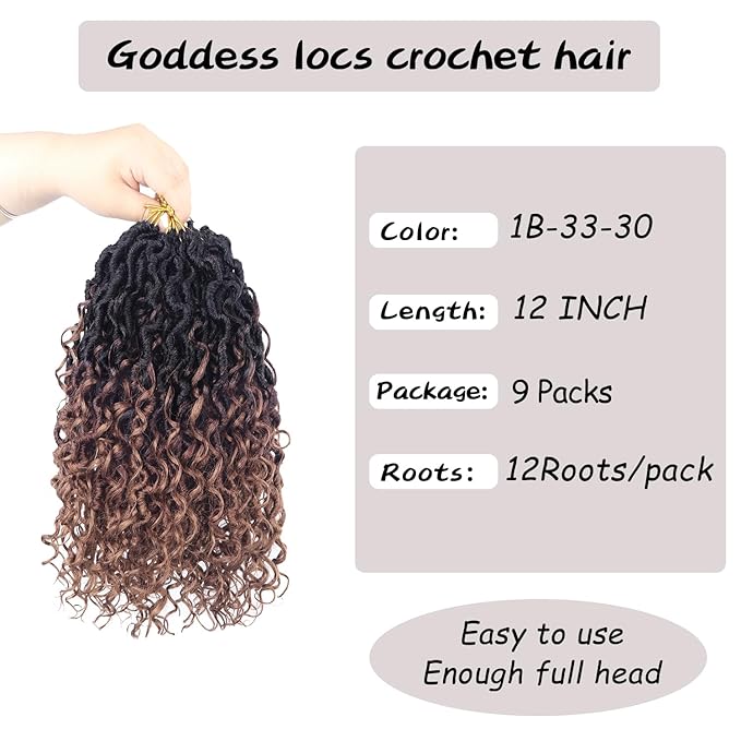 Goddess Locs Crochet Hair 12 Inch 9 Packs Synthetic Faux Locs Crochet Hair for Black Women, River Locs Hair Extensions Style Pre looped Crochet with Curly Ends