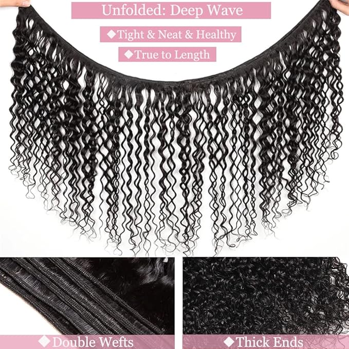 Deep Wave Bundles Human Hair 1 Bundles 16 Inch Water Wave Bundles 12A Brazilian 100% Unprocessed Virgin Human Hair Wet and Wavy Bundles Double Weft Deep Curly Weave Natural Black