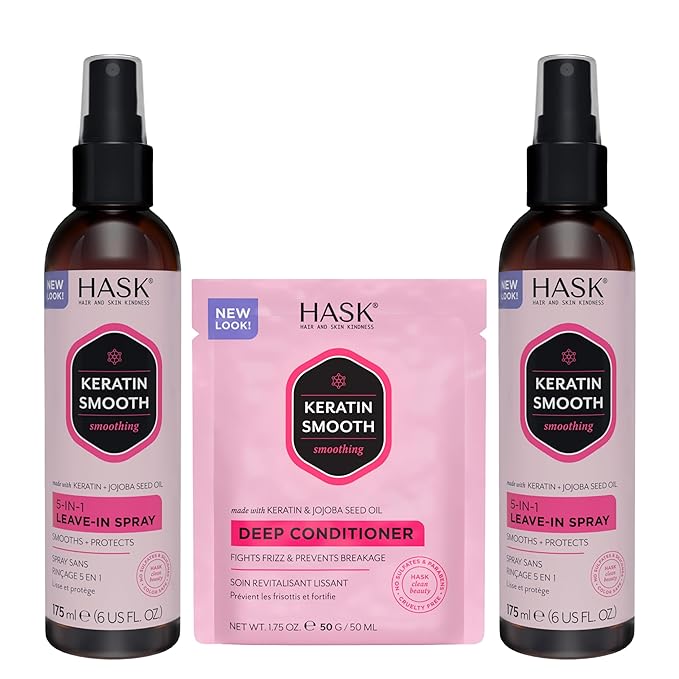 HASK 5-in-1 Leave-In Conditioner Duo (6oz-Qty 2) & Deep Conditioner Packette, Color Safe, Sulfate-Free, Paraben-Free, Gluten-Free, for All Hair Types (Keratin Smooth)