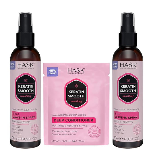 HASK 5-in-1 Leave-In Conditioner Duo (6oz-Qty 2) & Deep Conditioner Packette, Color Safe, Sulfate-Free, Paraben-Free, Gluten-Free, for All Hair Types (Keratin Smooth)