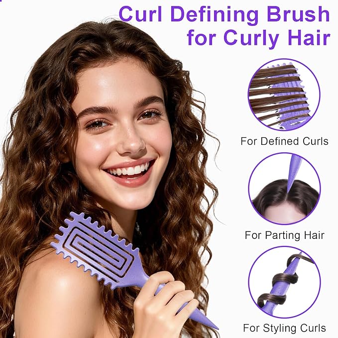 Curly Hair Brush, Curl Defining Brush with Soft Boar Bristles Detangling Tangled Glides, Wide-Teeth Design Effortlessly Shaping & Defining Curls, Curling Definer for Wet & Dry Hair (Purple)