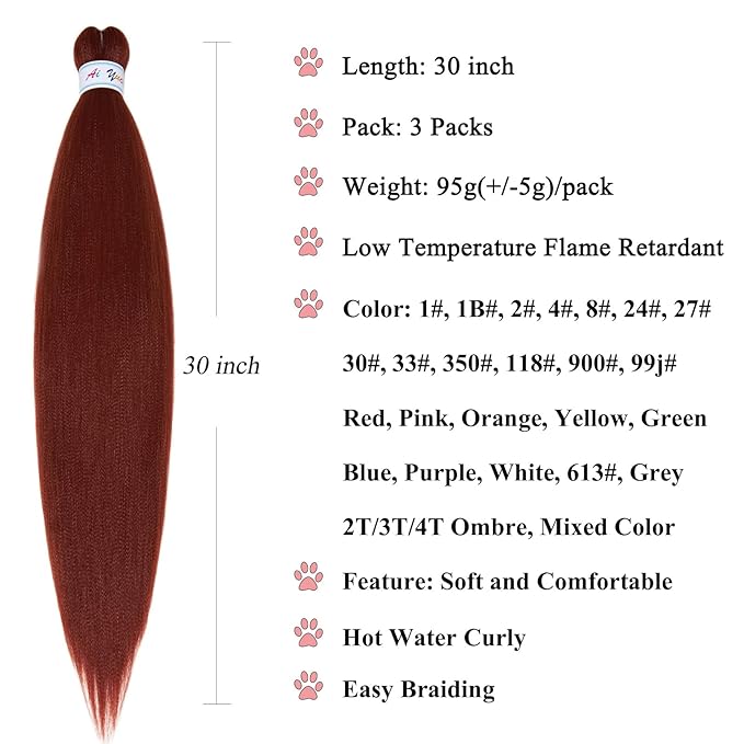 30 Inch Pre Stretched Braiding Hair Ginger Hypoallergenic Knotless Non Toxic 350 Braiding Hair Pre Stretched Plant Based Synthetic Braid Hair Extensions 3 Packs
