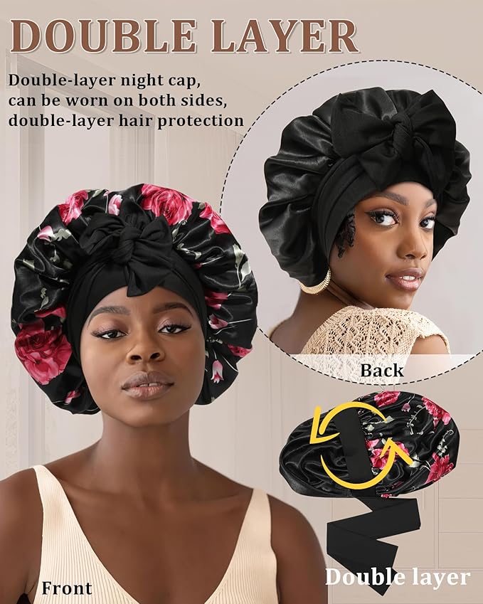 Reversible Satin Bonnet for Sleeping Women Double Layer Hair Bonnet with 2PCS Hair Scrunchies Elastic Tie Band Night Cap