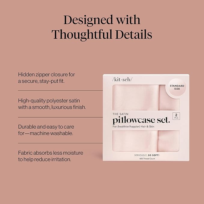 Kitsch Satin Pillowcase with Zipper for Hair & Skin, Softer Than Silk Pillow Cases Queen, Wrinkle-Free, Smooth and Cooling Satin Pillow Covers, Standard Size 19"x26" - Blush, 2pcs