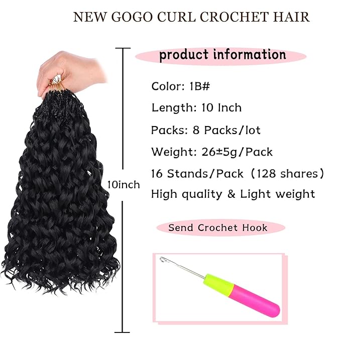 XTREND 10 Inch Gogo Curl Crochet Hair 8 Packs Pre-looped Ocean Wave Synthetic Braiding Hair for Women (16Strands/pack 1B#)