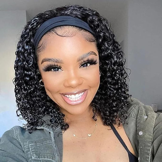 SENSAIRUITE Headband Wig Human Hair 10 Inch Deep Wave Headband Wigs for Black Women 180% Density Wear and Go Glueless Curly Wig Natural Color