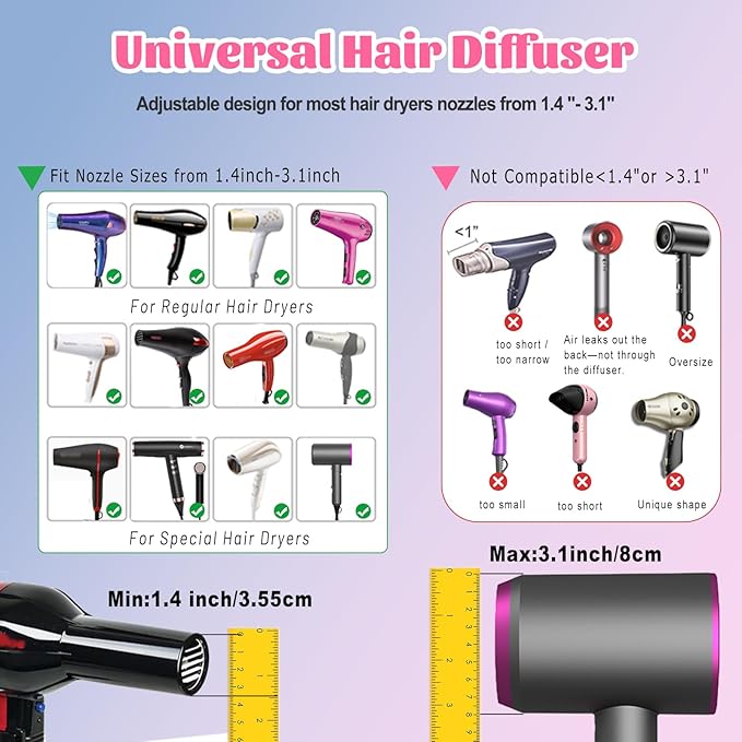 Universal Hair Diffuser for 1.4"-3.1" Blow Dryers, Diffuser Hair Dryer Attachment, Professional Hair Diffuser for Curly Wavy Long Thick Hair, Reduces Frizz & Defines Curls, Home/Travel Use, Black
