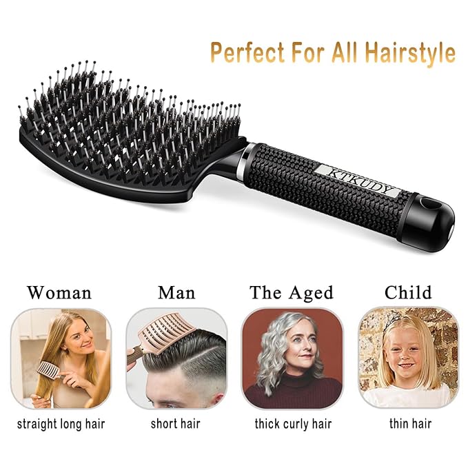 KTKUDY Detangling Brush Boar Bristles Hairbrush Make Hair Shiny & Healthier Curved and Vented Detangler Brush for Women Men Kids Wet & Dry Hair (Black)