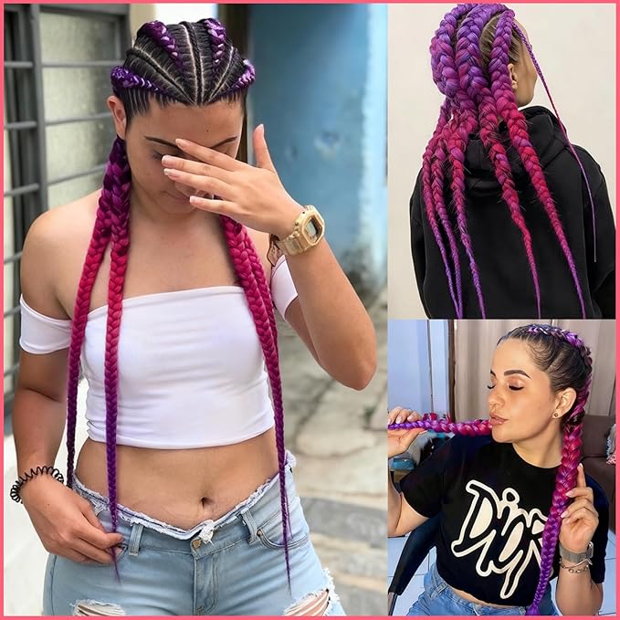 Rose/Dark Purple Braiding Hair Pre Stretched 2 Packs Box Braids Hair Extensions 26 Inches Synthetic Pre Stretched Braiding Hair…