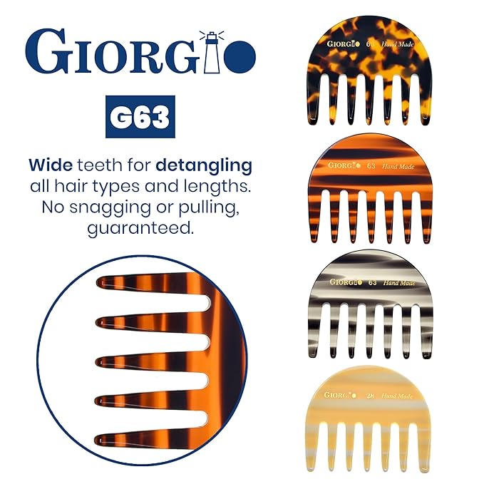 Giorgio G63 Wide Tooth Detangling Hair Comb, Pocket and Travel Comb for Thick Hair - Handmade, Saw-Cut, and Polished for Wet and Dry Everyday Care