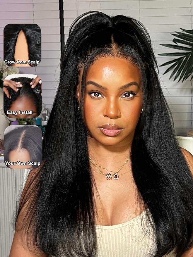 Julia Hair V Part Wig Human Hair Yaki Straight Glueless Wigs for Women 12A Briazilian Remy Hair Upgrade U Part Wig No Glue No Leave Out Beginner Friendly Natural Color 26 Inch Yaki Wig