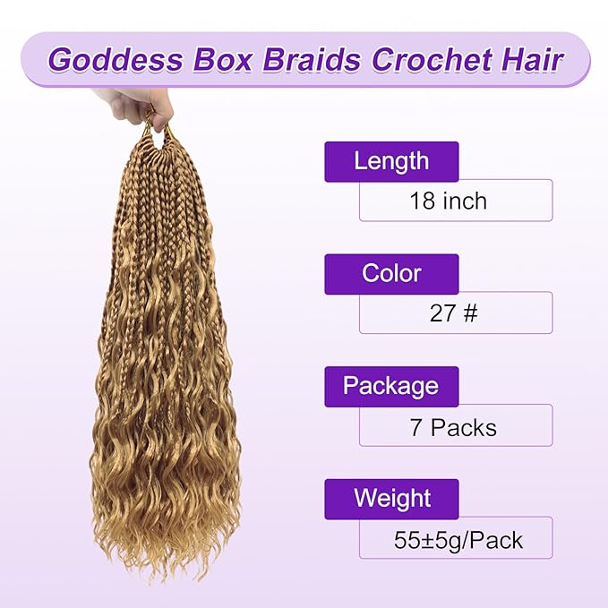 Eacia Goddess Box Braids Crochet Hair 18 Inch 7 Packs Blonde Pre Looped Boho Box Braids Crochet Hair Extensions with Curly Ends Curly Crochet Hair for Women(18 Inch, 27#)