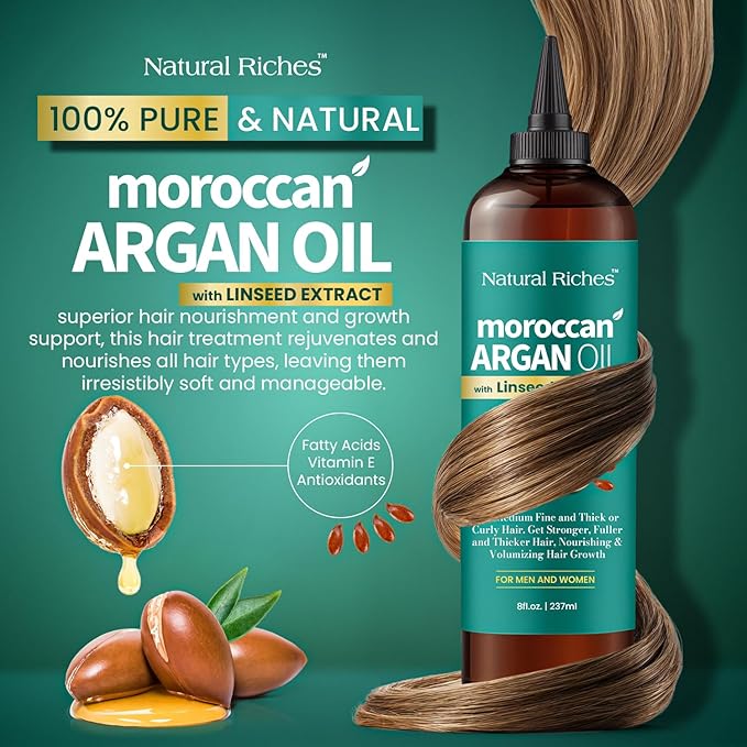 Natural Riches Moroccan Argan Oil for Hair Treatment with Linseed Extract – Smooths Frizz, Detangles, Conditions & Boosts Shine – Deep Hydration for Dry, Damaged, Curly & Color-Treated Hair – 8 fl oz