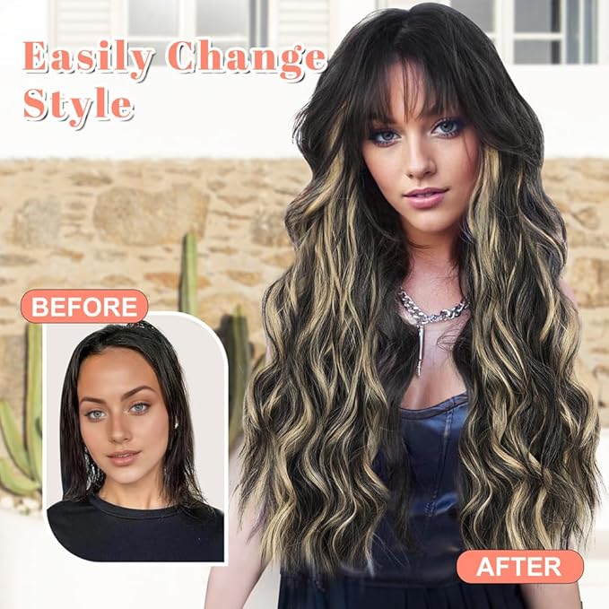 ALXNAN Clip in Long Wavy Synthetic Hair Extension 24 Inch Black with Blonde Highlights 4PCS Thick Hairpieces Fiber Double Weft Hair for Women