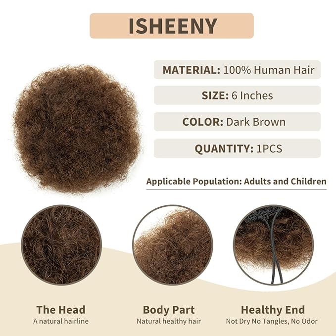 isheeny Medium Human Hair Ponytail Extension For Girls Ages 5-8, Natural Human Hair Drawstring Ponytail Hair Extensions Brown For Little Girls, Curly Hairpiece, Soft, And Durable For Repeated Use