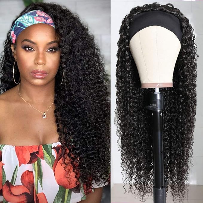 Eooma Curly Headband Wig Human Hair Wigs for Black Women 26 inch Briazilian Scarf Wig No Gel Glueless Remy Curly None Lace Front Wigs Human Hair