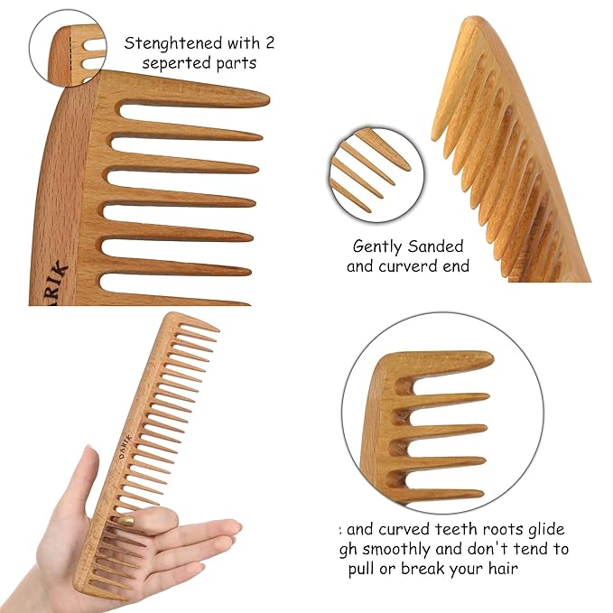 Wide Tooth Wooden Comb Handmade - Natural Vintage Style Wide Tooth Comb for Curls Gentle Styling - Anti-Static Wood Hair Combs For Women Detangling (Sparse Tooth)