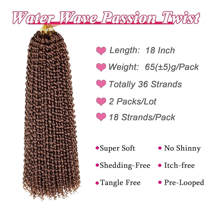 Leeven 2 Pcs Water Wave Crochet Passion Twist Hair For Butterfly Locs 18 Inch Curly Passion Twists Crochet Hair 30# 36 Roots Synthetic Hot Water Setting Braiding Hair Extensions