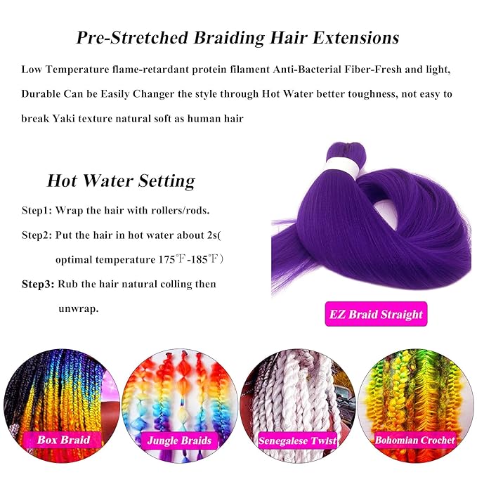 Long Purple Braiding Hair Pre Stretched kids Purple Hair Extensions for Braids, 26 inch Synthetic Braiding hair for Stage Party Halloween Costume Cosplay Crochet Non Toxic Prestretched Braiding Hair