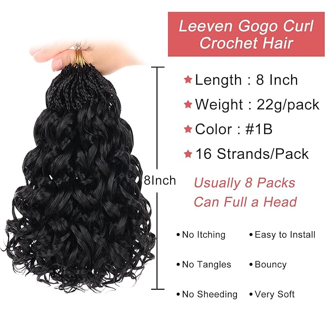Leeven Gogo Curl Crochet Hair 8 Inch 8 Packs Black Pre Looped Ocean Wave Crochet Hair Short Curly Bohemian Crochet Box Braids Synthetic Water Wave Braiding Hair for Women Girl Kids