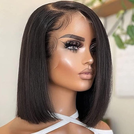 UMEGOOD Bob Wig Human Hair 13x4 HD Lace Frontal Short Straight Lace Front Wigs Human Hair Pre Plucked Bob Wigs for Black Women 200% Density Natural Black 10 Inch