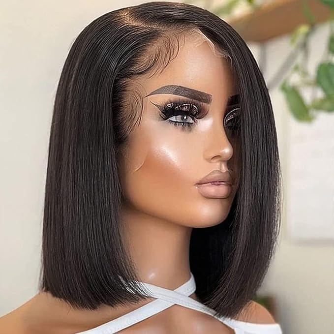 UMEGOOD Bob Wig Human Hair 13x4 HD Lace Frontal Short Straight Lace Front Wigs Human Hair Pre Plucked Bob Wigs for Black Women 200% Density Natural Black 10 Inch