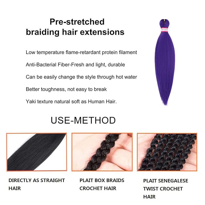 Purple Braiding Hair Pre Stretched 20 Inch 8 Packs Braiding Hair Extensions for Crochet Box Braids Twists Locs Hair Itch Free Soft Yaki Texture Hot Water Setting (20inch,#Purple)