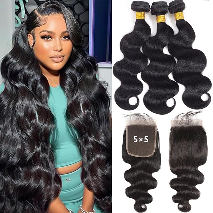12A Body Wave 3 Bundles with 5×5 HD Lace Closure (20 22 24+18") 100% Unprocessed Brazilian Virgin Body Wave Human Hair Weave Bundles with Closure Natural Color