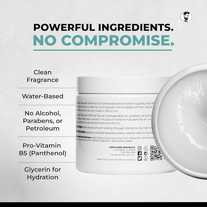 Gentlemen Republic 32oz Refined Hair Gel with Pump for Men - Premium Gel For Men Humidity Resistant & Alcohol-Free - All Day Shine and Hold for All Hair Types and Never Flakes - Made in the USA