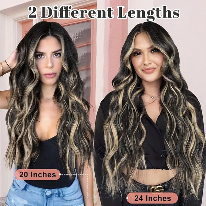 ALXNAN Clip in Long Wavy Synthetic Hair Extension 24 Inch Black with Blonde Highlights 4PCS Thick Hairpieces Fiber Double Weft Hair for Women