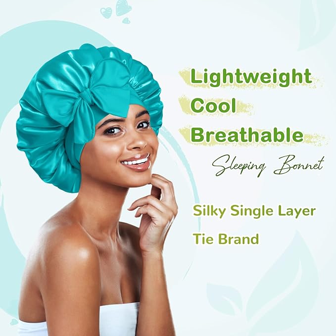 BONNET QUEEN Silk Bonnet for Sleeping Women Satin Bonnet Night Sleep Cap Wrap for Curly Hair with Adjustable Tie Band, Single Layer, Aqua Blue