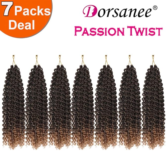 Dorsanee Ombre Honey Blonde Passion Twist Hair 14 Inch 7 Packs Water Wave Crochet Hair Long Bohemian Curly Braiding Hair for Butterfly Locs, Faux Locs, Boho Style Spring Twist Crochet Braids (T27#)