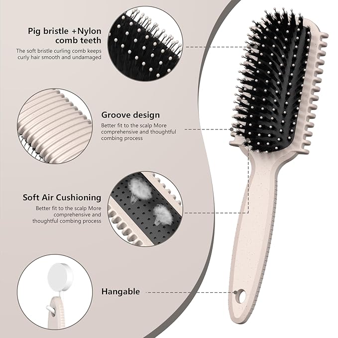Curl Defining Brush, Curly Hair Brush, Slick Back Hair Brush, For Combing and Shaping Curls in All Hairstyles to Reduce Pulling (Beige)