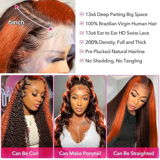 200% Density 13X6 Ginger 30 Inch Lace Front Wigs Human Hair Pre Plucked for Women Ombre 13X6 HD Transparent #350 Highlight Lace Front Wigs Human Hair Glueless Orange Colored Lace Front Wigs (30Inch)