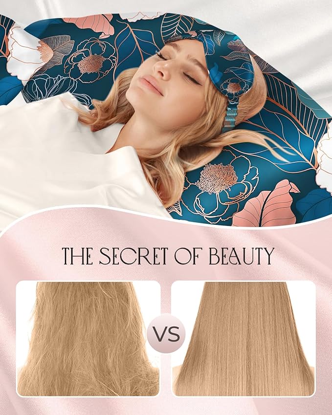 Mulberry Silk Pillow Case for Hair and Skin 19 Momme Standard 26"x20" Dark Blue Peony Silk Pillowcase with Eye Mask & Scrunchie Soft Silk Pillowcase Sleeping for Moms, Women