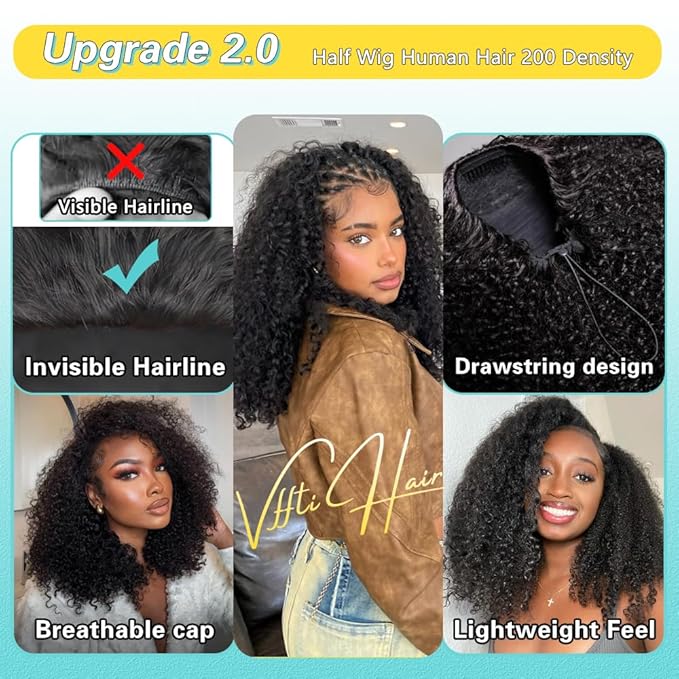 Kinky Curly Half Wig Human Hair 200% Density Wear Go Glueless Wigs Human Hair for Black Women 24 Inch Curly 3 In 1 Seamless Flip Wig Invisible Hairline Beginner Friendly