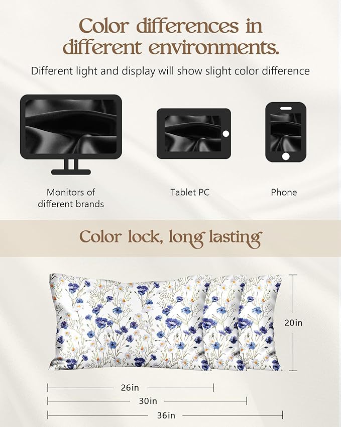 Silk Pillowcase 2 Pack - Cute Pillow Cases 20" x 26" Standard Size Set of 2 for Hair and Skin Smooth Soft Breathable with Hidden Zipper Cooling Pillow Covers for Sleeping, Blue Daisy