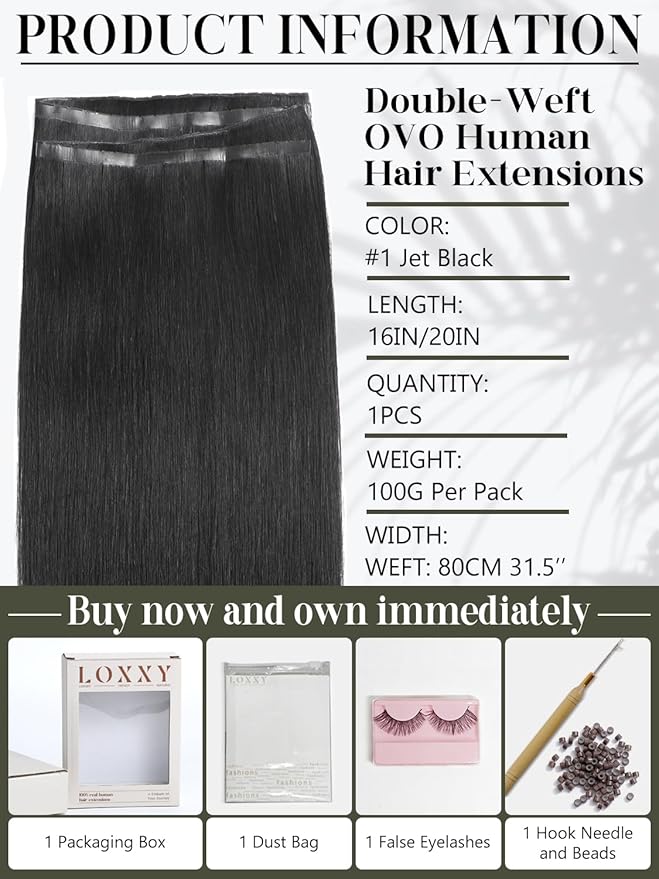 LOXXY Double Layered OVO Extensions Human Hair - 20 Inch 100g Remy Human Hair Weft Jet Black Hair Extensions - Seamless Twin Tabs butterfly PU Weft with Micro beads, 1PCS Weft Width 31.5"(80cm)