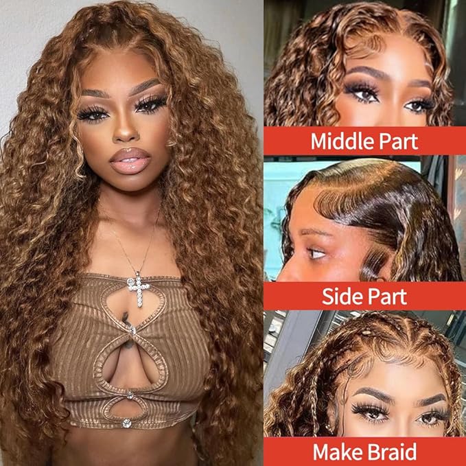 30inch Highlight Ombre Lace Front Wig Human Hair 13x6 HD Honey Blonde 4/27 Deep Wave Lace Front Wigs Human Hair 200 Density Glueless Wigs Human Hair Pre Plucked