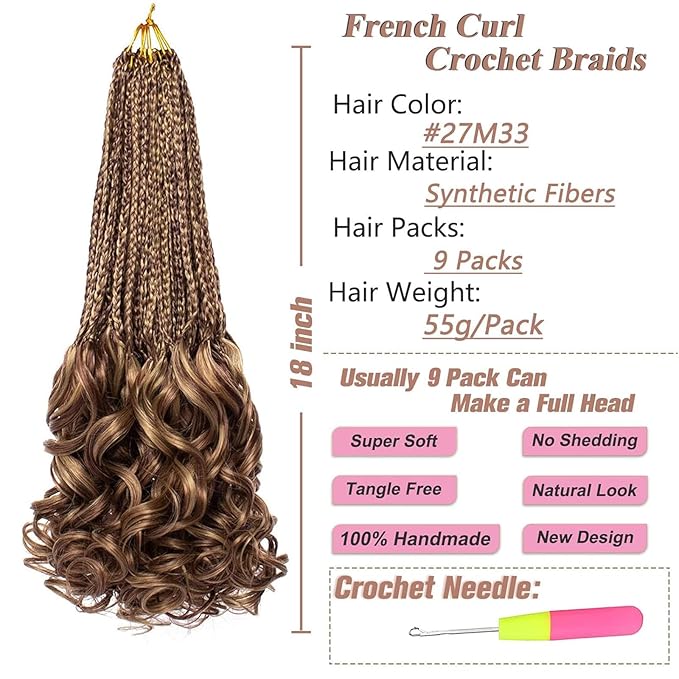 18 Inch French Curl Crochet Braids 9 Packs Goddess Box Braids with Bouncy Wavy Ends Honey Blonde Mix Brown Pre Looped Crochet Hair Synthetic French Curly Braiding Hair for Women